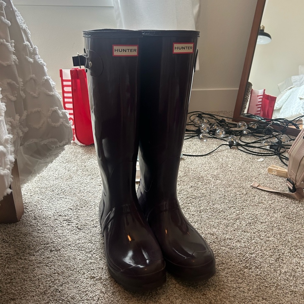Plum tall glossy hunter boots!